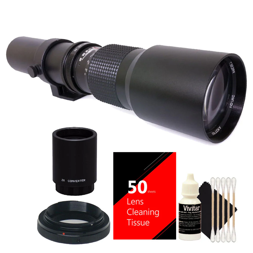 Vivitar 500mm / 1000mm f/8 Telephoto Lens for Nikon2x Converter + T-mount + 50pc Tissue + 3pc Cleaning Kit