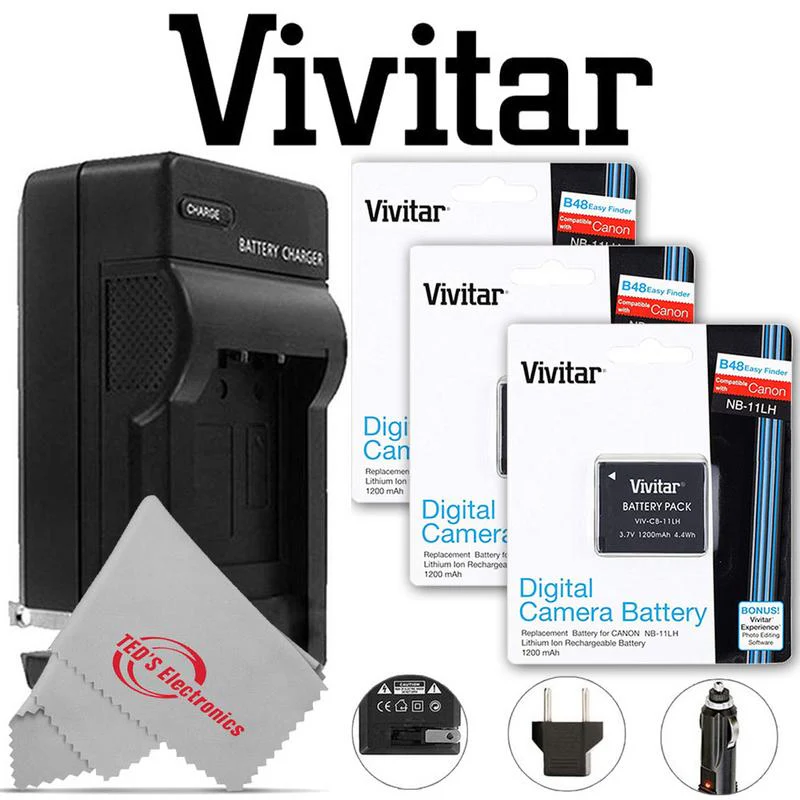 Three Vivitar VIV-CB-11LH Li-On Rechargeable Battery for Canon NB-11LH + Vivitar Battery Charger for Canon NB-11L/NB-11LH