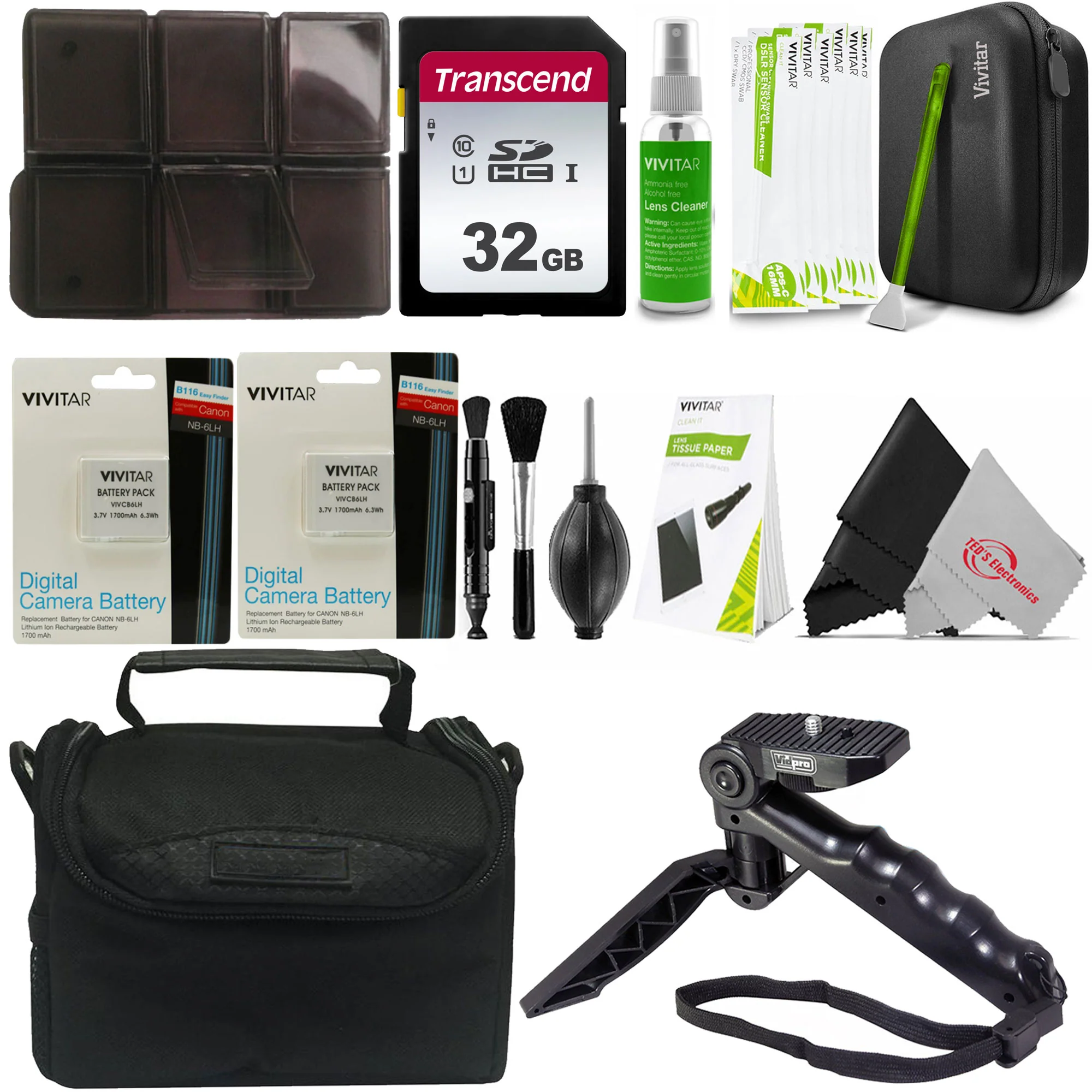 32GB Transcend SDHC Memory Card + BePro BC-1 Case (Small) + Vivitar NB-6L / NB-6LH Ultra High Capacity 1700mAh Li-ion Replacement Battery for Canon Powershot SX540 SX530 SX710 SX610 + Cleaning Kit + Vidpro TT-4 Grip-Stand Mini Tripod and Hand Grip + Card
