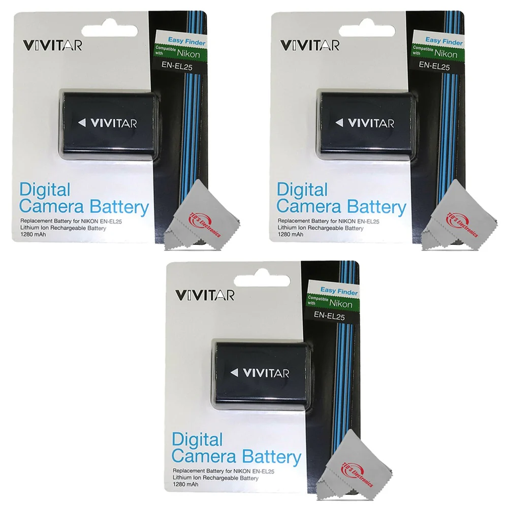 Vivitar EN-EL25 Replacement Lithium-Ion Rechargeable Battery 1500 mAh for Nikon Z30 Z50 ZFC - 3 Count