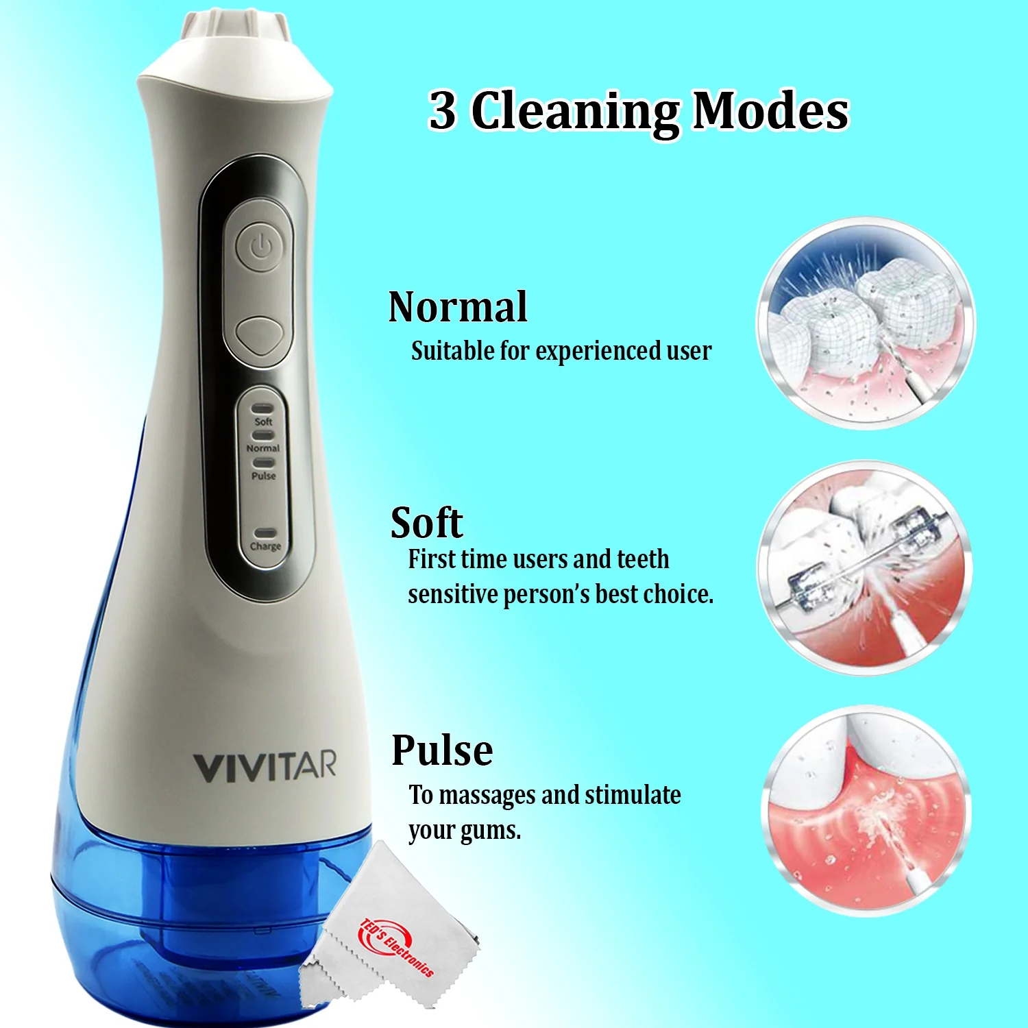 2x Vivitar Cordless & Rechargeable 360° Water Flosser 3 Modes and Memory Function with Heads - Image 4