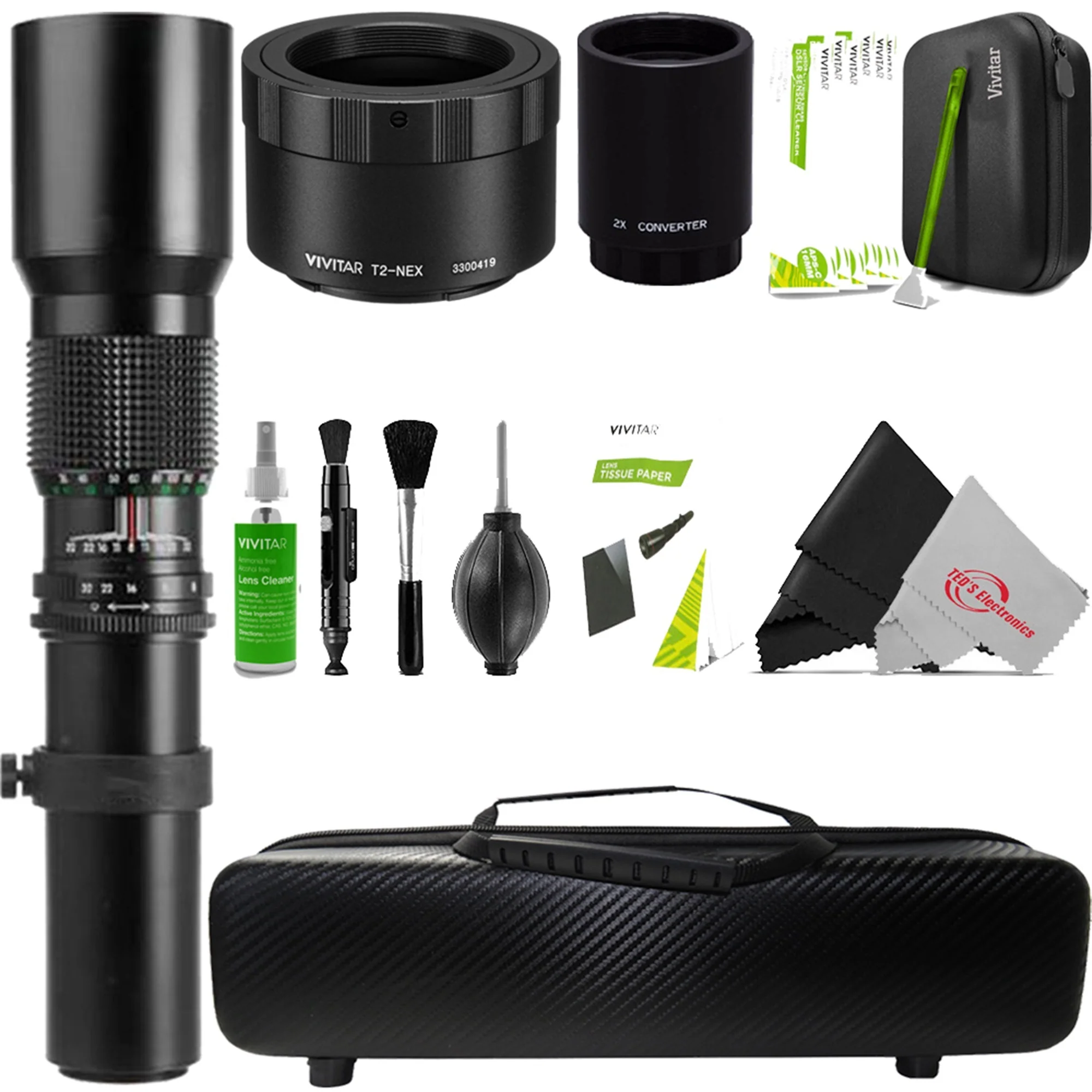 Vivitar 500mm f/8.0 Preset Telephoto Lens + Vivitar T-Mount to Canon EF-M Mount Adapter + Digital 2X Converter for SLR & Digital Lenses + Lens Hard Shell Case + Professional Cleaning Kit