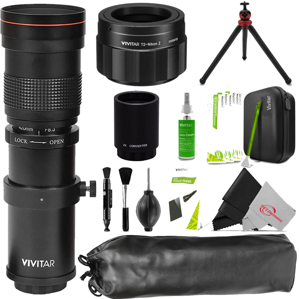 Vivitar 420-800mm f/8.3 Manual Focus Telephoto Zoom Lens + Vivitar T-Mount to Nikon Z-Mount Adapter + Digital 2X Converter for SLR & Digital Lenses + 12-Inch Ultra Flexible Super Steady Tripod with Ballhead + Professional Cleaning Kit