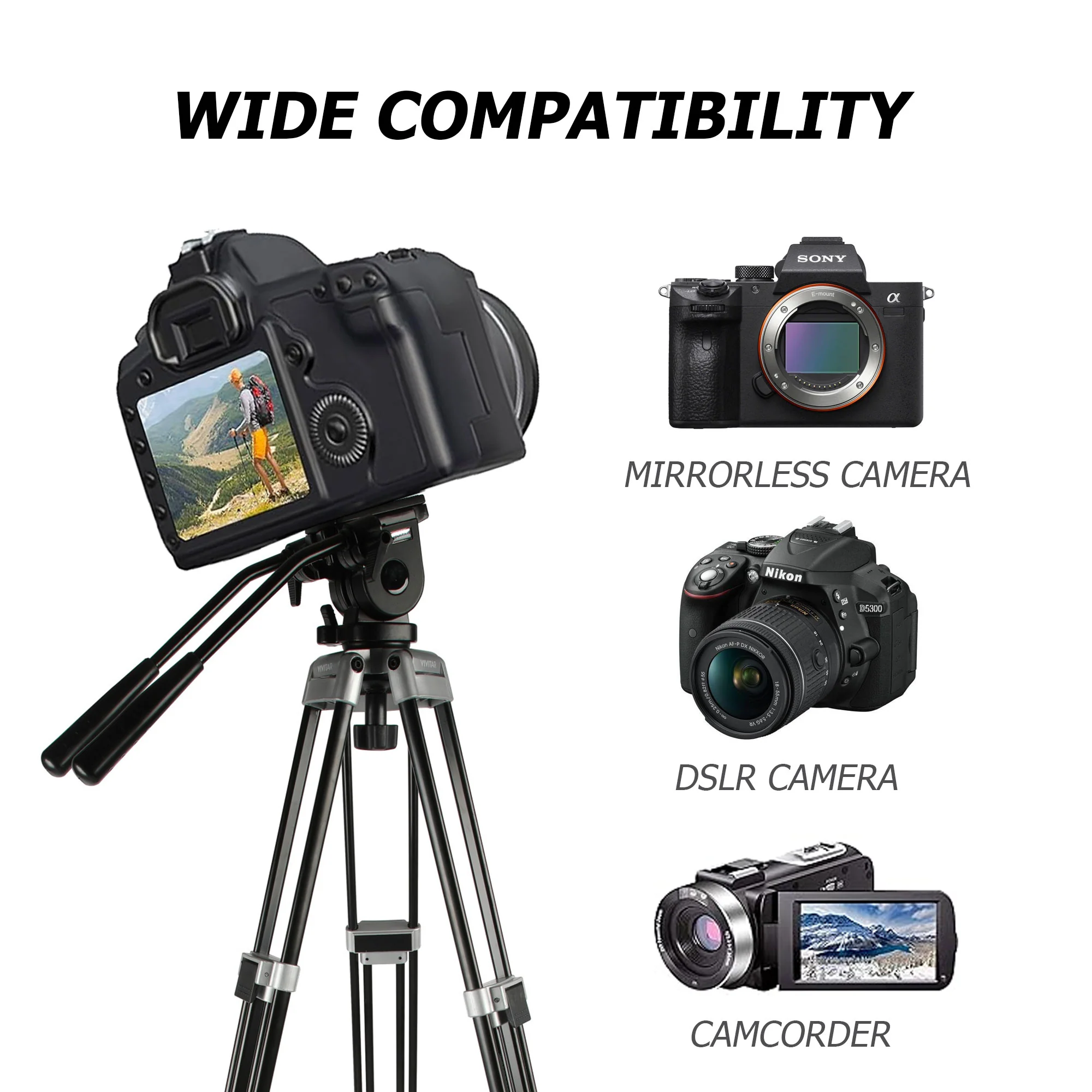 Vivitar Cinema Series 75" Aluminum Alloy Tripod Twin Handle Control Two-Way Fluid Head 360° Panning 30lbs Load Capacity - Image 3
