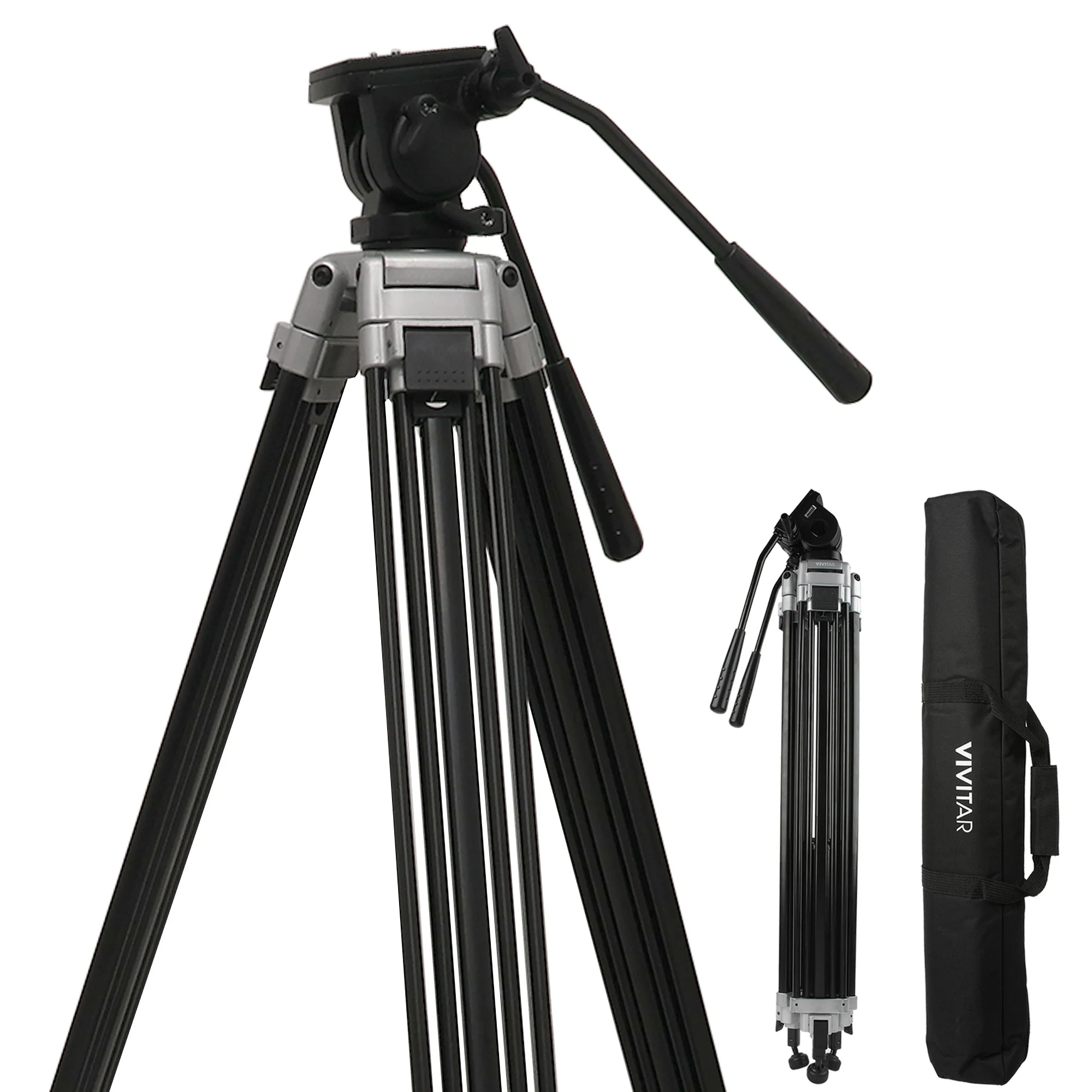 75" Aluminum Alloy Tripod  Twin Handle Control Two-Way Fluid Head 360Â° Panning 17lbs Load Capacity with Protective Carry Case