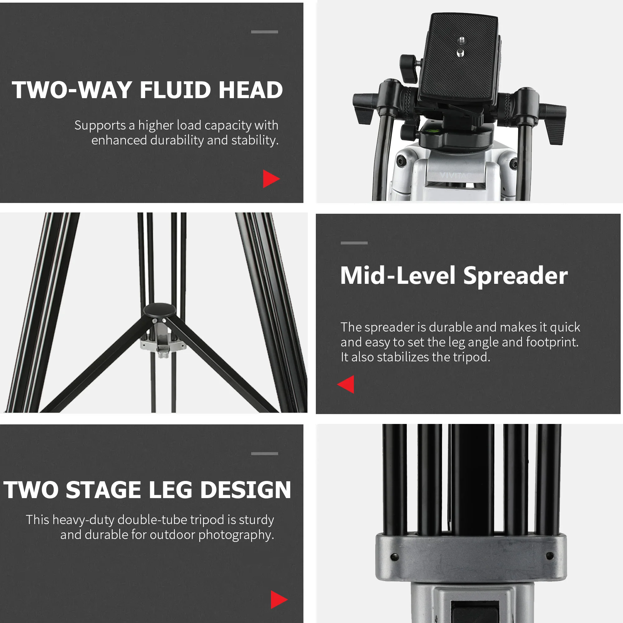 75" Aluminum Alloy Tripod  Twin Handle Control Two-Way Fluid Head 360Â° Panning 17lbs Load Capacity with Protective Carry Case - Image 5