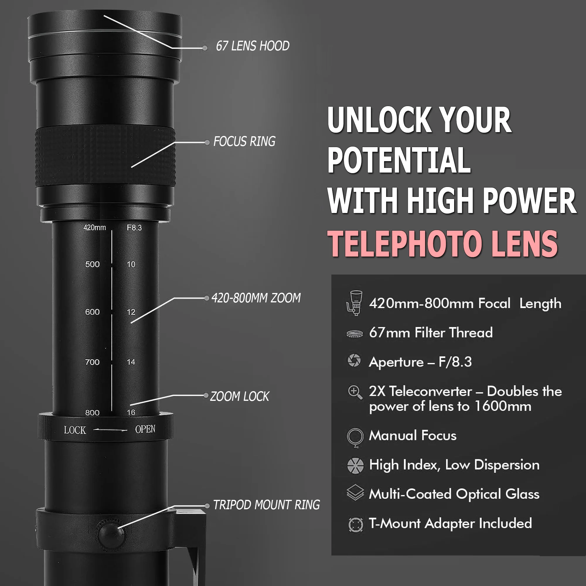 420-1600mm f/8.3 HD Manual Super Telephoto Zoom Lens for Nikon D780 D850 D610 - Image 7