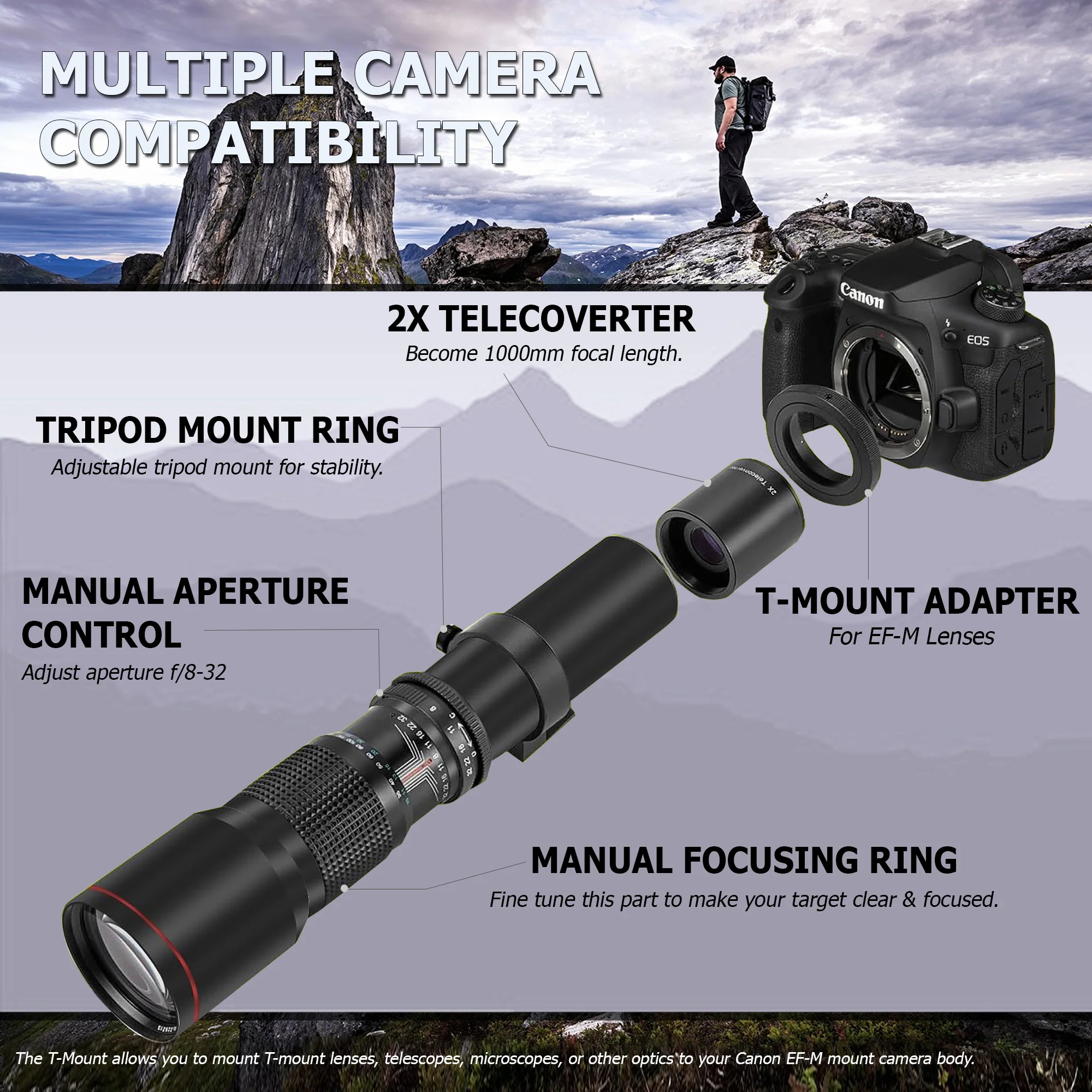 420-1600mm f/8.3 HD Manual Super Telephoto Zoom Lens for Canon EOS Rebel T7 T8i 5D IV 6D II 90D T100 SL3 - Image 8
