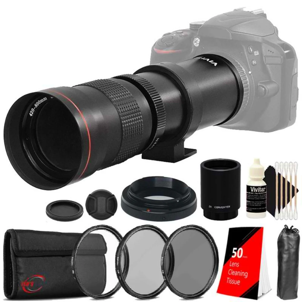 Vivitar 420-800mm F8.3 Telephoto Zoom Lens for Sony + T-mount for Sony + 2x Converter + UV CPL ND Kit + Lens Tissue + 3pc Cleaning Kit