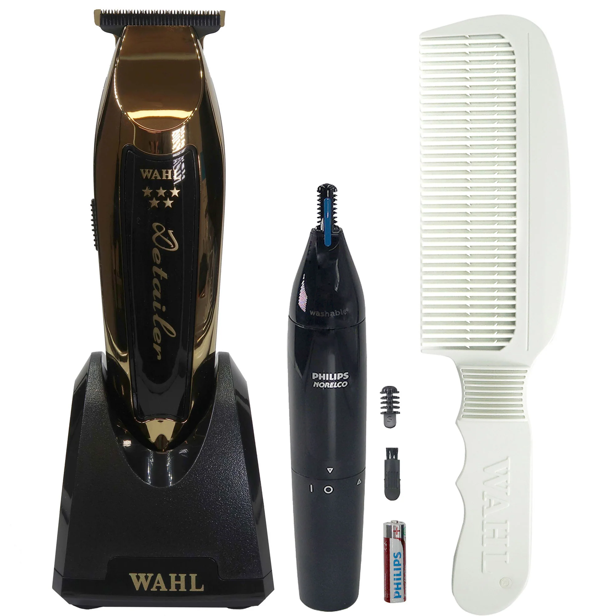 Wahl 5 Star Gold Detailer Cordless Li Trimmer #8171-700 + Philips Norelco Ultimate Comfort Nose Trimmer 1000 Battery Powered NT1605/60 for Nose, Ear, and Eyebrows + Wahl Flat Top Comb White #3329-100