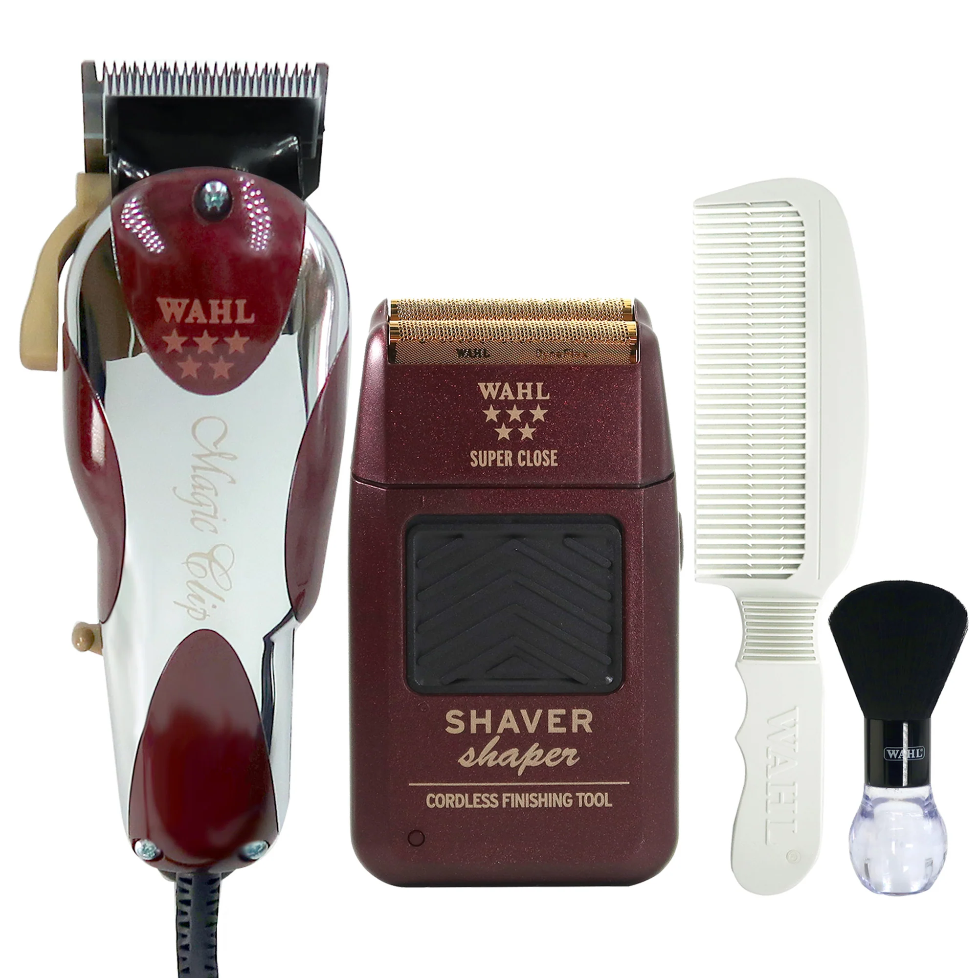 Wahl Professional 5-Star Series Rechargeable Shaver/Shaper #8061-100 + Wahl Professional #8451 5-Star Series Magic Clip Corded Precision Fade Clipper + Wahl Neck Duster #3722-100 + Wahl Flat Top Comb White #3329-100