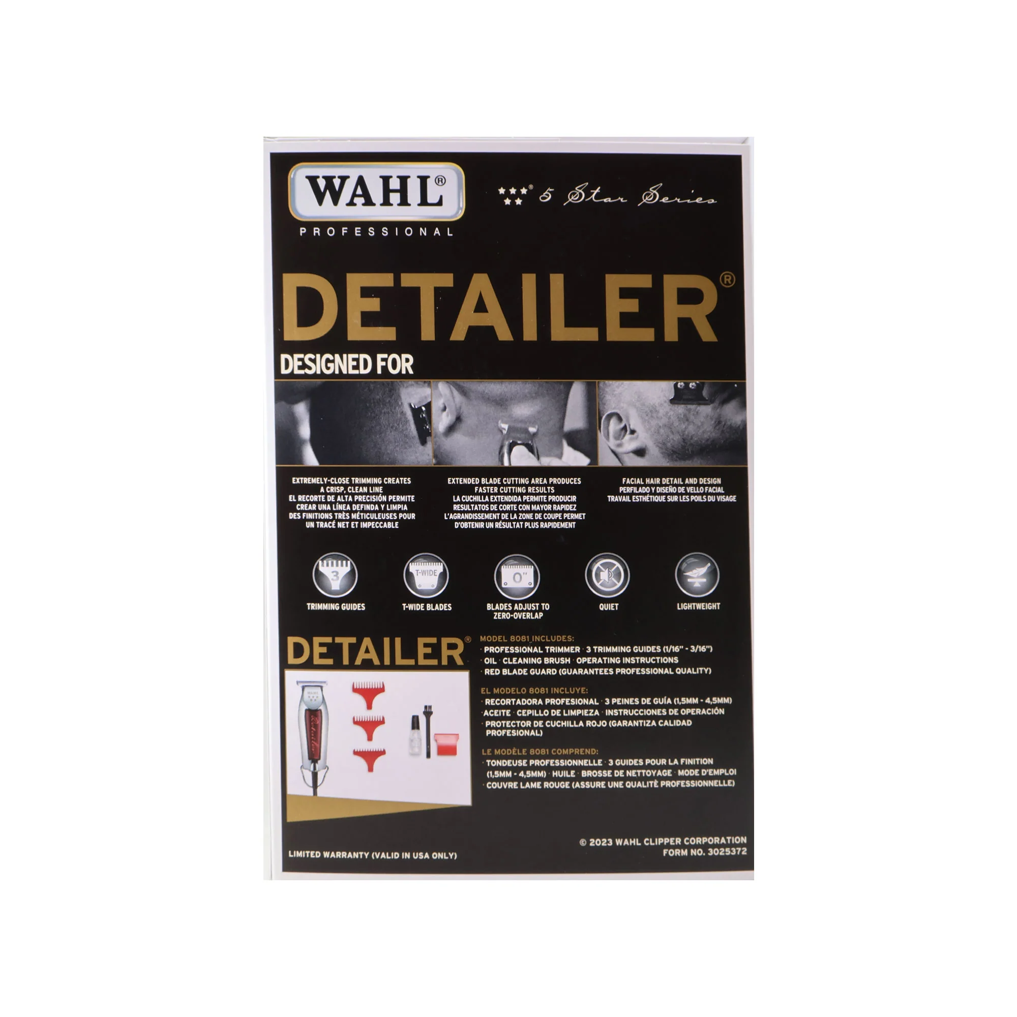 Wahl Profesional 5 Star Series Detailer Trimmer 8081 with Wahl Flat Top Comb White - Image 4