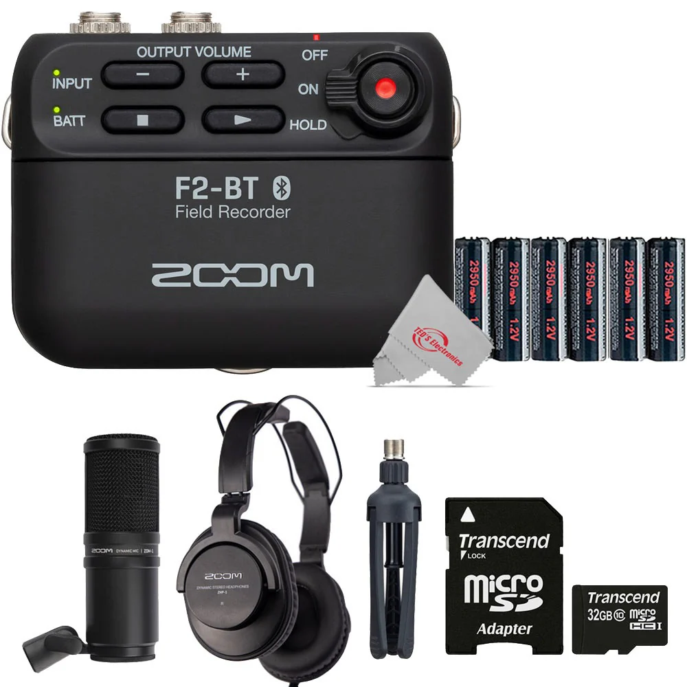 Zoom F2-BT Ultra Compact Bluetooth Enabled Portable Field Recorder with Lavalier Microphone + Extra Batteries + 32GB MicroSD Card + Zoom ZDM-1 Podcast Mic Pack Accessory Bundle