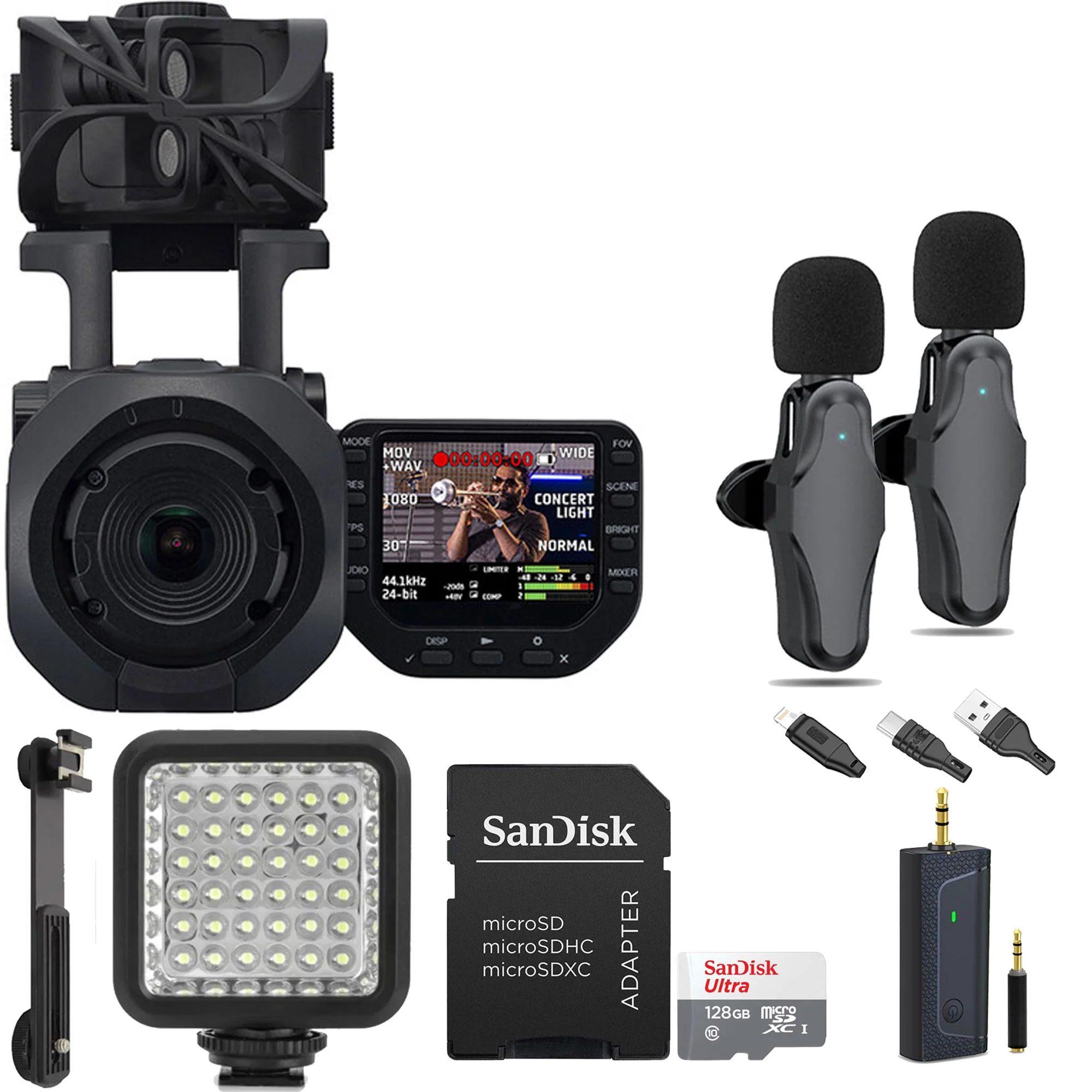 Zoom Q8n-4K Handy Video Recorder 4K Video + Professional 4 Track Audio + Vidpro Dual Wireless Lavelier Microphone Set + 36 LED Photo & Video Light with Bracket + 128GB microSDHC Memory Card