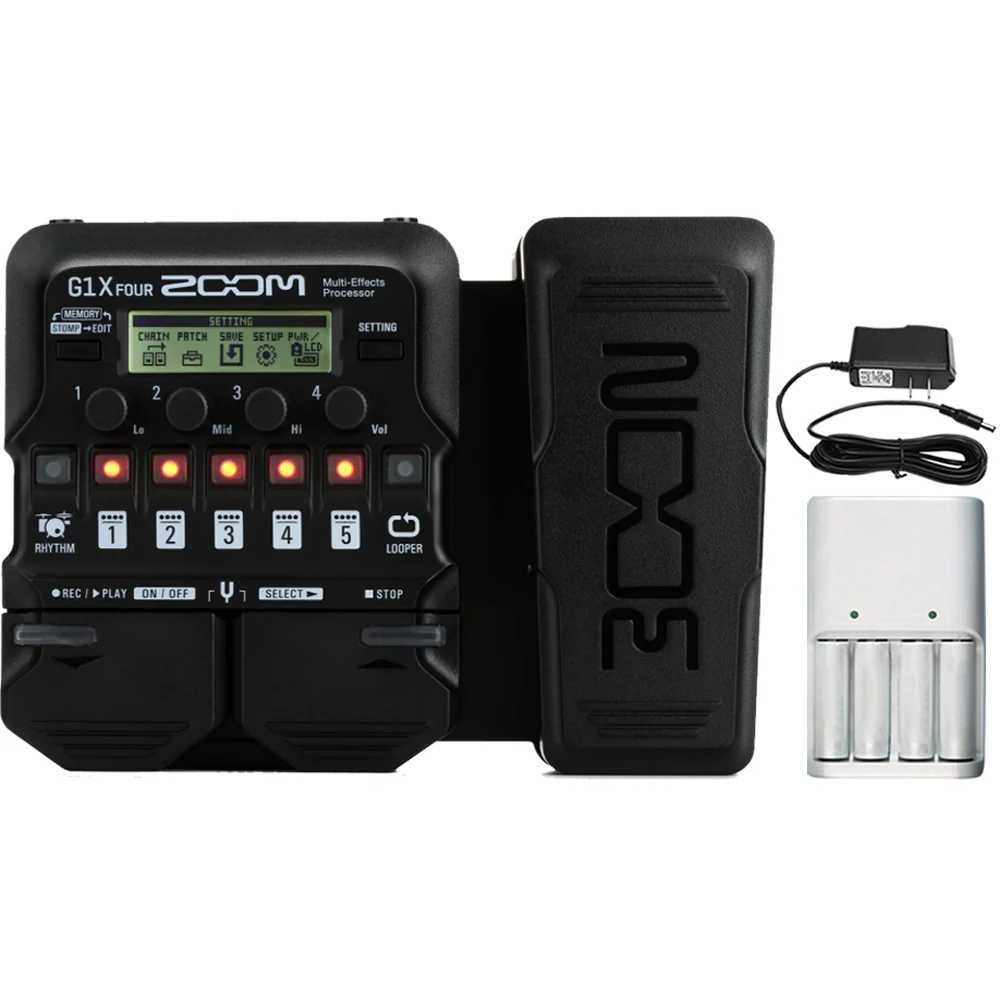 Zoom G1X Four Guitar Multi-Effects Processor With Built-In Expression Pedal + Pig Hog PP9V Pig Power 9V DC 1000ma Power Supply + Battery & Charger