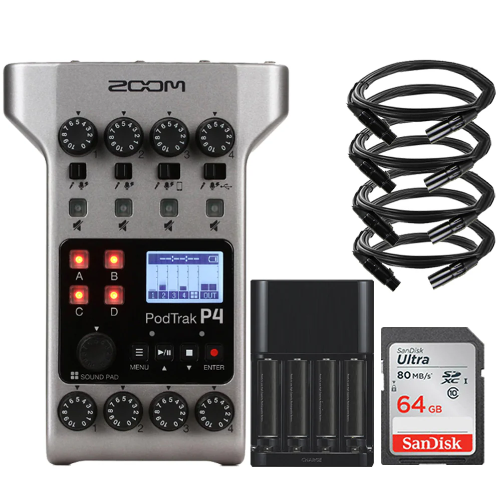 Zoom PodTrak P4 Portable Multitrack Podcast Recorder + 64GB Memory Card + 4x Pig Hog 8mm XLR Microphone Cable Male to Female 6 Ft + Battery & Charger