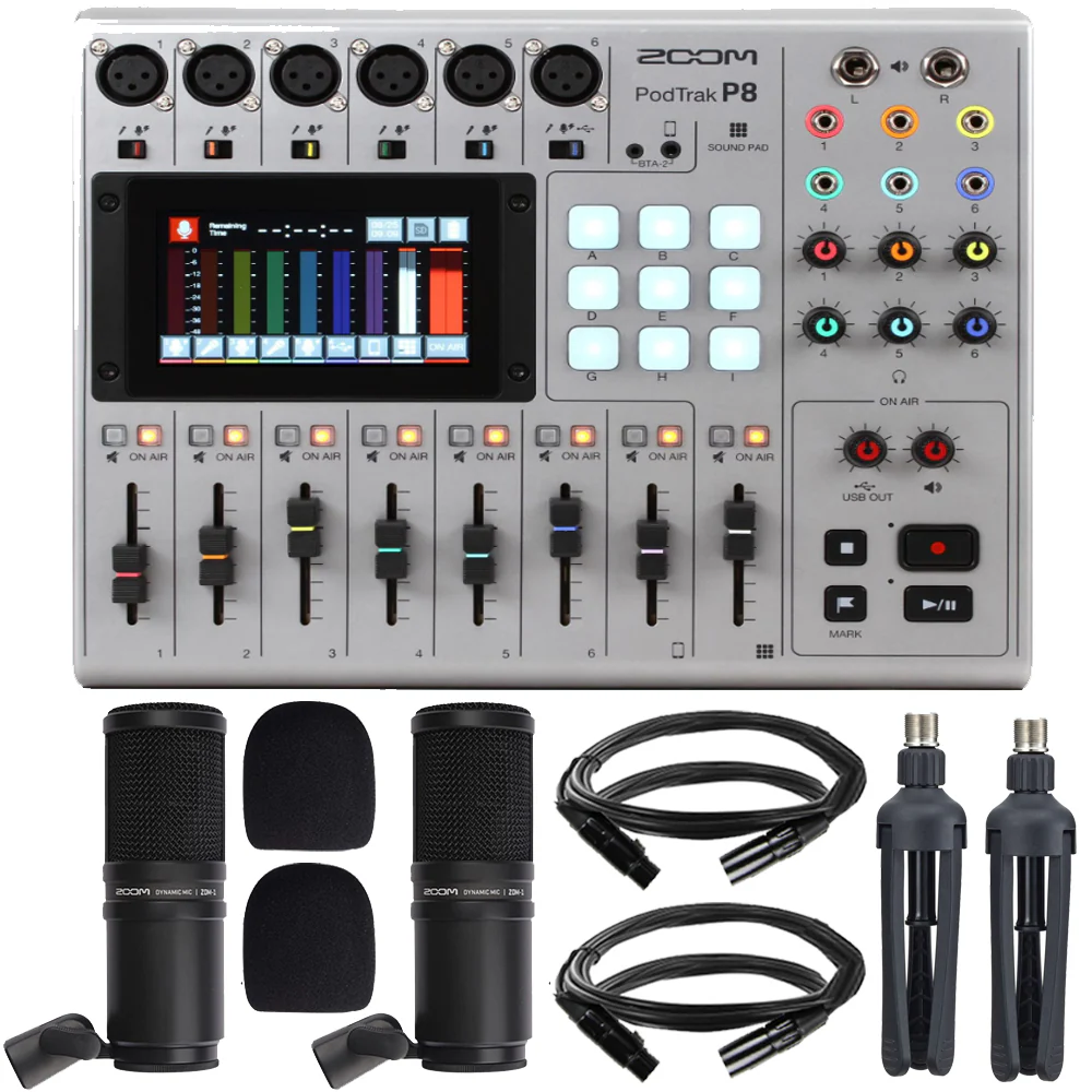 Zoom PodTrak P8 Portable Multitrack Podcast Recorder + Zoom ZDM-1 Dynamic Microphone Kit