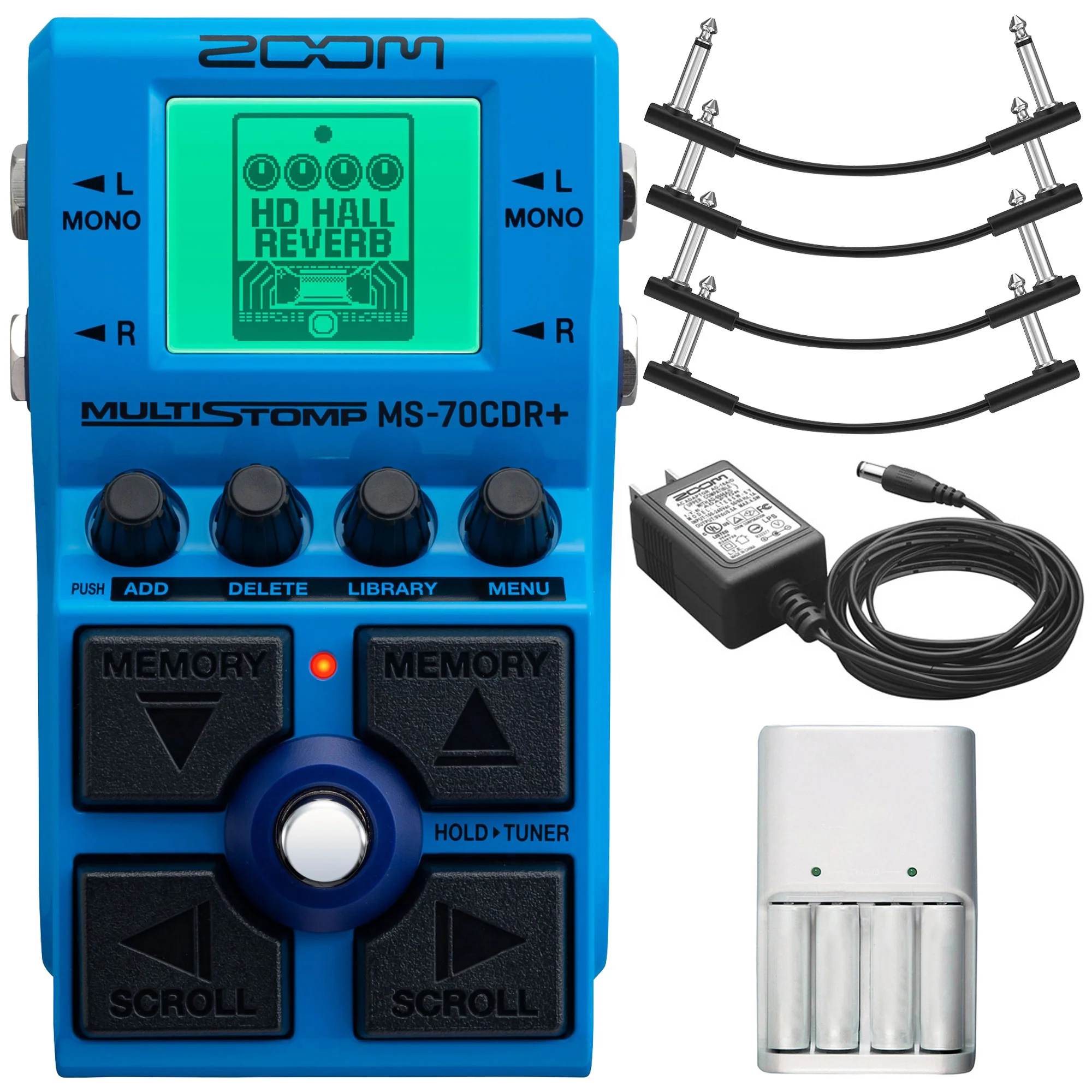 Zoom AD-16A/D AC Adapter For Zoom Effects Pedals + Pig Hog Lil' Pigs Right Angle 1/4" Black strument Patch Cables, 6" (4 Pack) + Xtreme Power Series 4AA/AAA Battery Charger
