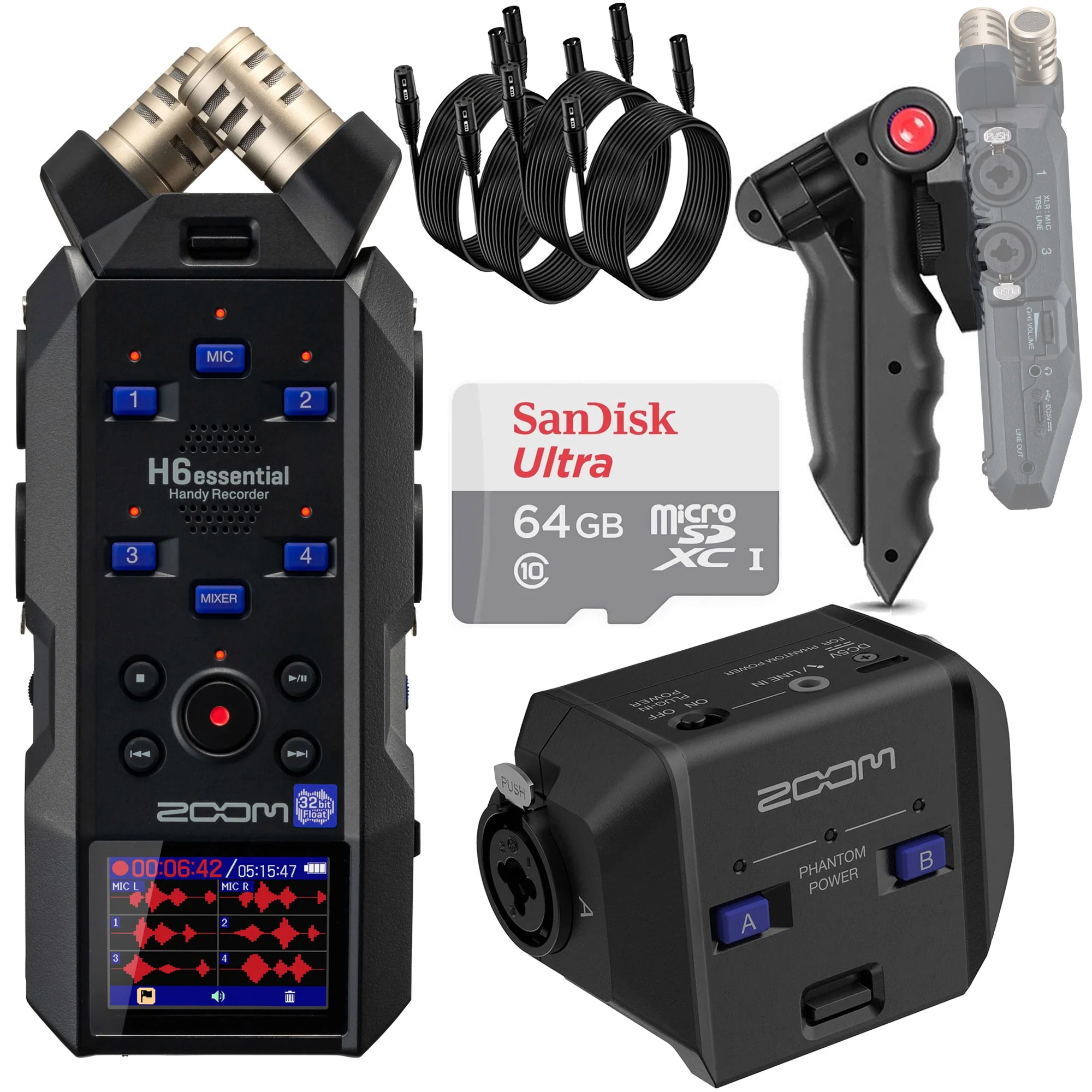 Zoom H6essential 6-Track 32-Bit Float Portable Audio Recorder + Zoom EXH-6e Dual XLR-1/4" TRS Input Capsule for H6essential Portable Recorder + 4x Pig Hog 8mm XLR Microphone Cable Male to Female 10 Ft Fully Balanced Premium Mic Cable + Vivitar Pistol Grip