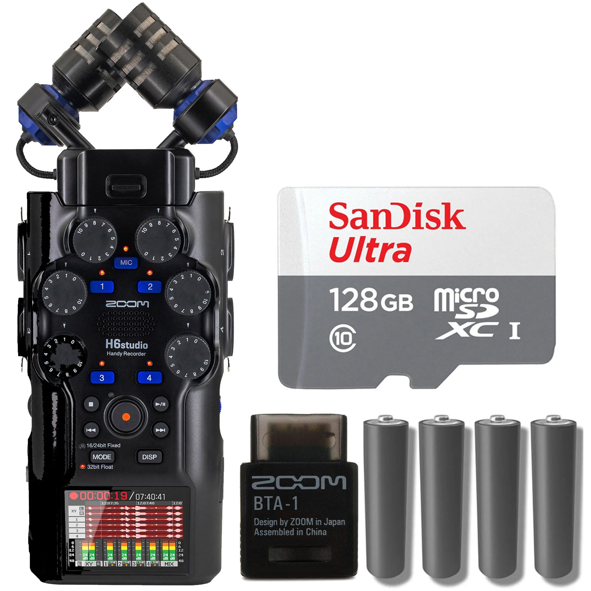 Zoom H6studio 6-Track Handy Recorder with 32-Bit Float Recording + ZOOM BTA-1 Bluetooth Adaptor For ARQ AR-48, L-20, H3-VR & F6 + SanDisk 128GB Ultra UHS-I microSDXC Memory Card with SD Adapter + Panasonic Alkaline 2 "AA" Batteries