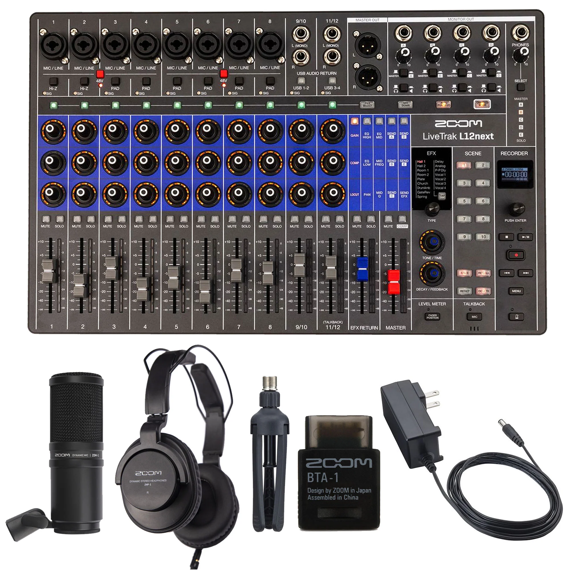 Zoom LiveTrak L12next Digital Mixer / Recorder + ZOOM BTA-1 Bluetooth Adaptor For ARQ AR-48, L-20, H3-VR & F6 + Zoom ZDM-1 Podcast Mic Pack Accessory Bundle With Microphone, Headphones, Tripod, W dscreen & Cable + ZOOM AD-19D 12V AC Adapter For F4, F8, T