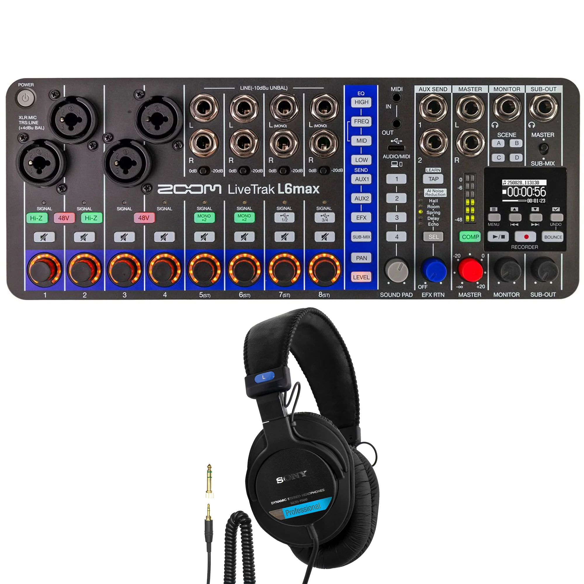 Zoom LiveTrak L6max Portable 12-Channel Mixer and Recorder + Sony MDR-7506 Sound Monitor Headphones (Black)