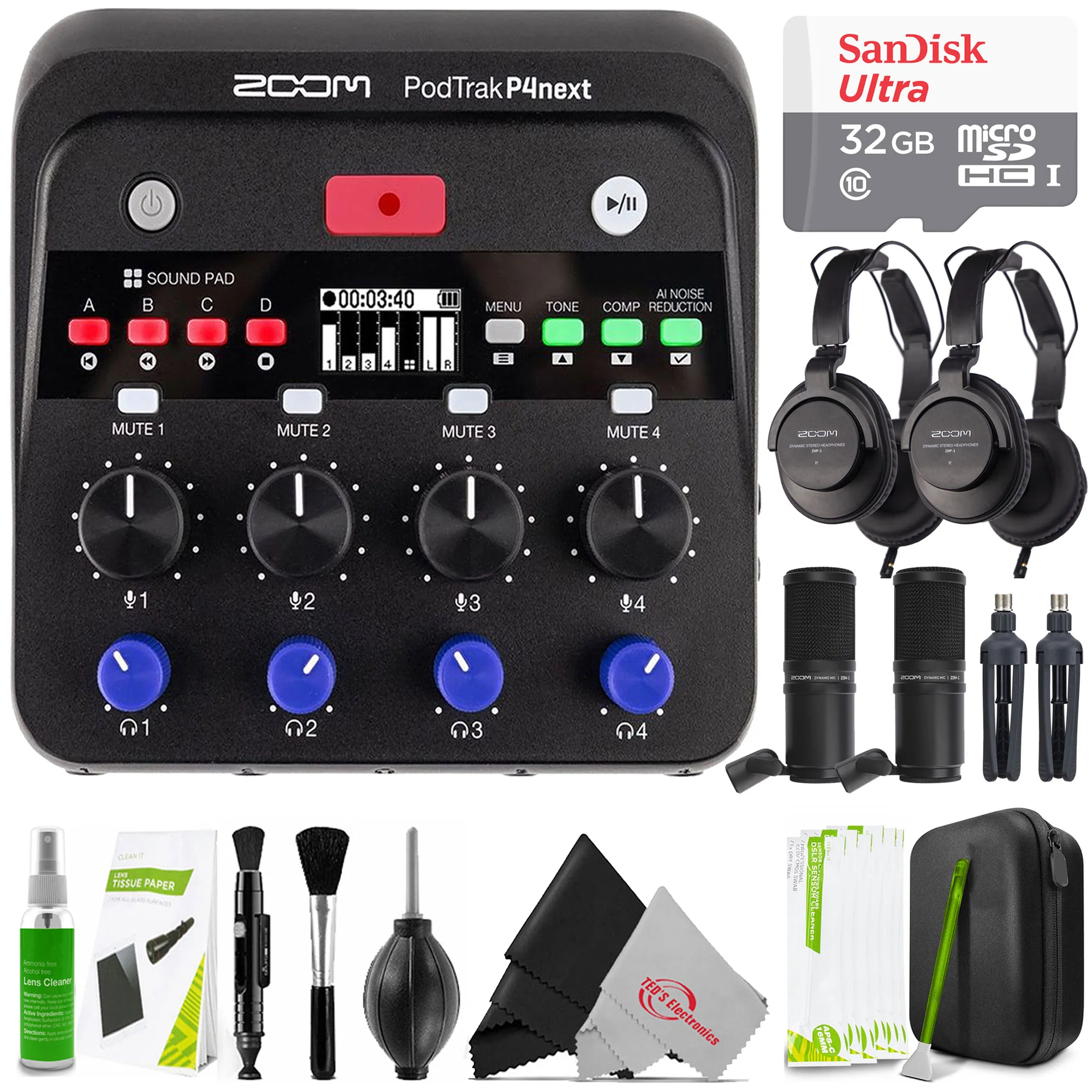 Zoom PodTrak P4next Portable Multitrack Podcast Recorder + 2x Zoom ZDM-1 Podcast Mic Pack Accessory Bundle With Microphone, Headphones, Tripod, Windscreen & Cable + 32GB Ultra microSDHC Memory Card + Professional Cleaning Kit
