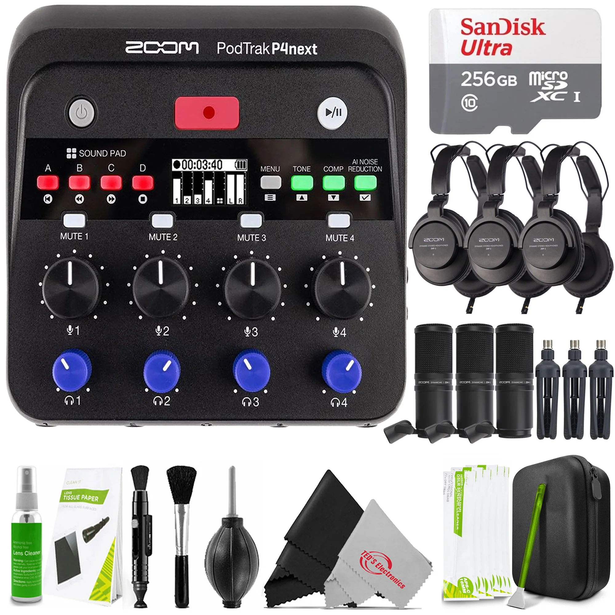 Zoom PodTrak P4next Portable Multitrack Podcast Recorder + 3x Zoom ZDM-1 Podcast Mic Pack Accessory Bundle + 256GB Ultra MicroSDXC Memory Card + Professional Cleaning Kit