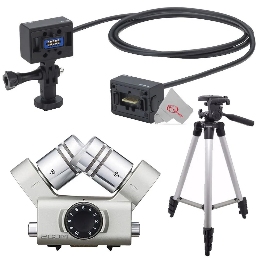 Zoom ECM-3 9.8' Extension Cable for Mic Capsule with Action Camera Mount + Zoom XYH-6 - X/Y Microphone Capsule + Tall Tripod