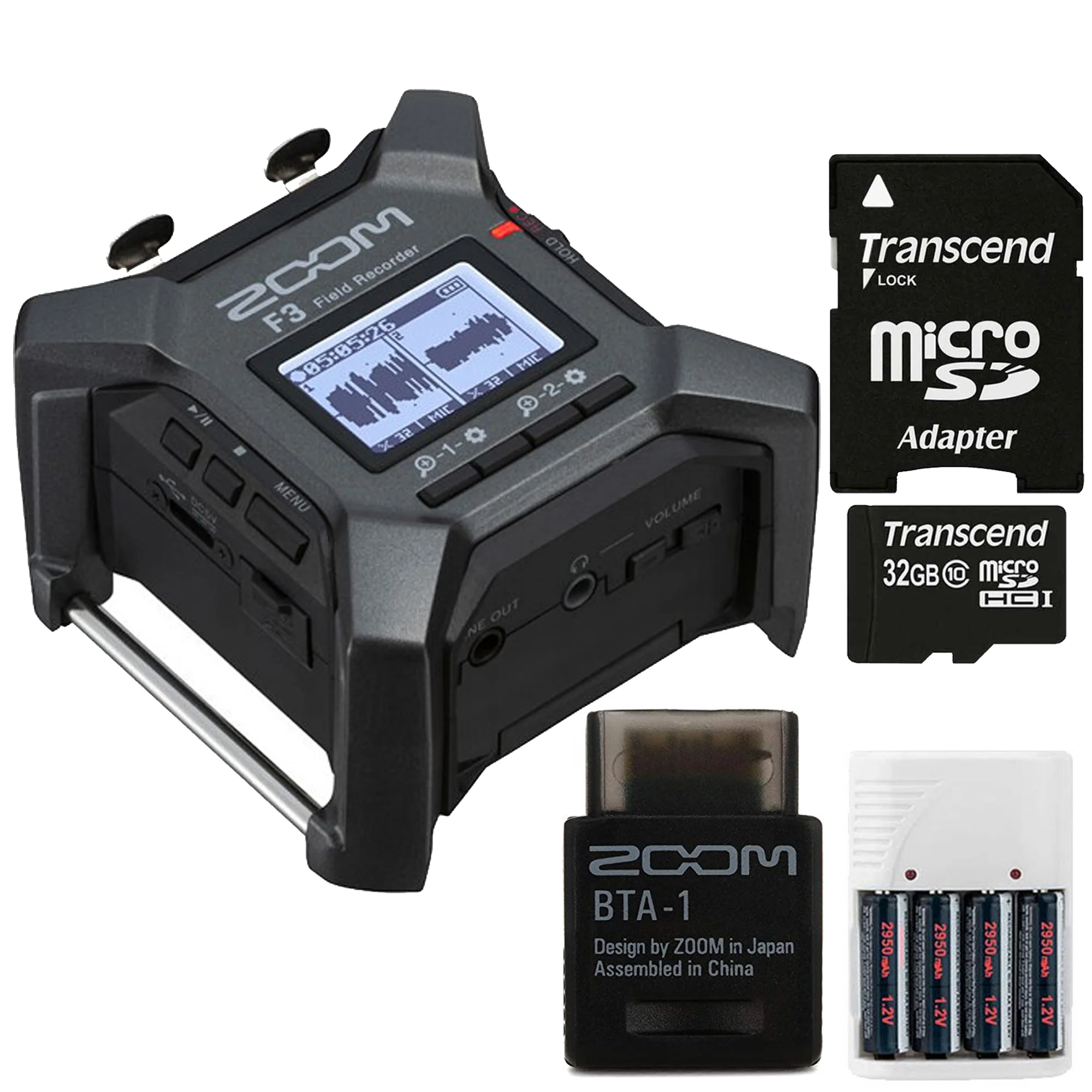 Zoom F3 2-Input / 2-Track Portable Field Recorder + ZOOM BTA-1 Bluetooth Adaptor For ARQ AR-48, L-20, H3-VR & F6 + 32GB MicroSD Transcend Memory Card with Adapter + Xtreme Power Series 4AA/AAA Battery Charger