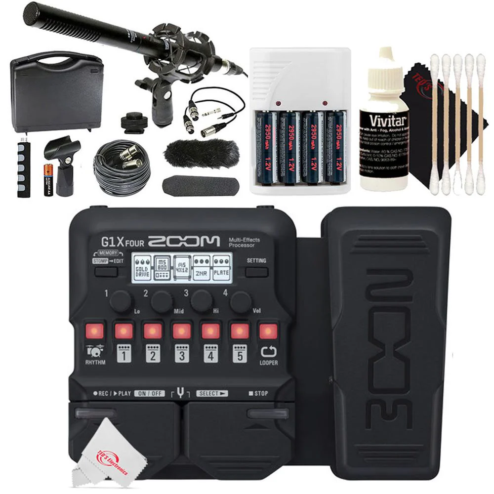 Zoom G1X Four Guitar Multi-Effects Processor With Built- Expression Pedal + VidPro 1Pr Shotgun Microphone Kit + Rechargeable Battery & Charger + 3pc Clean g Kit
