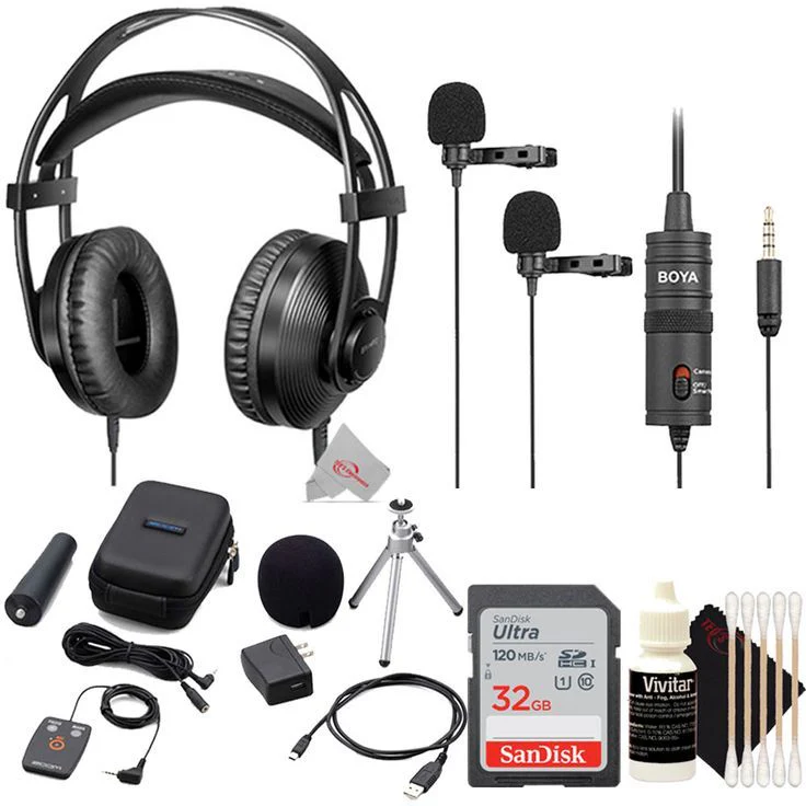 Zoom APH-2n Accessory Package + Boya BY-HP2 Professional Over-Ear Hi-Fi Monitor Headphones + Boya BY-M1DM Dual Omnidirectional Lavalier Microphone + 32GB Memory Card + Cleaning Kit