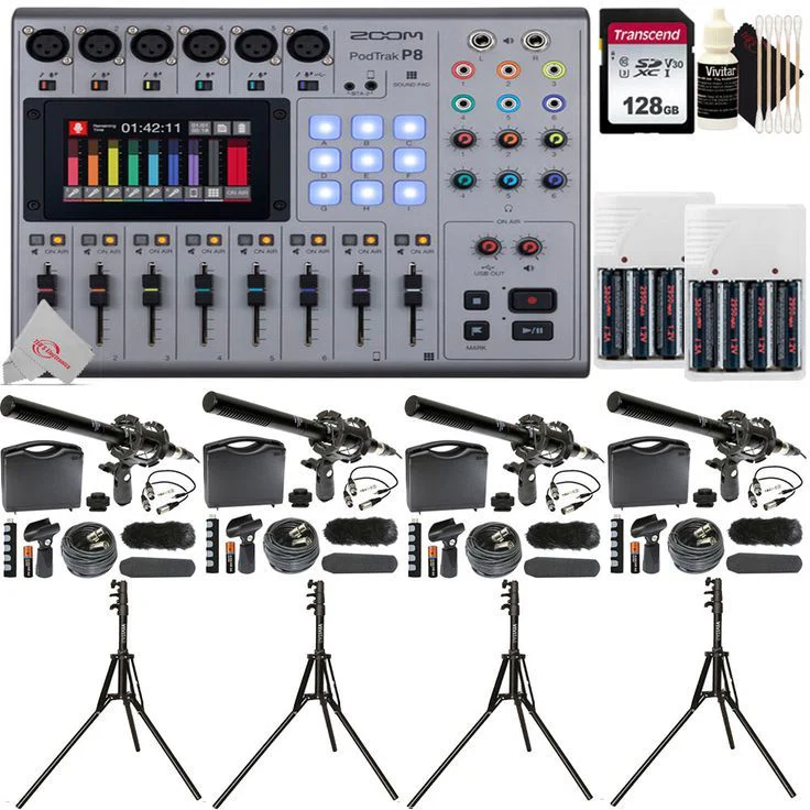 Zoom PodTrak P8 Portable Multitrack Podcast Recorder + Four VidPro 1"Pr Shotgun Microphone Kit + Four Microphone Stand + 128GB Memory Card + Two Battery & Charger + CleaningKit